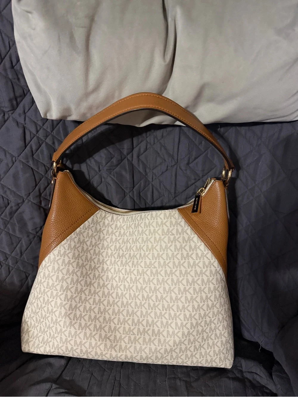 Michael Kors Cream Logo Jacquard & Tan Leather Shoulder Hobo
